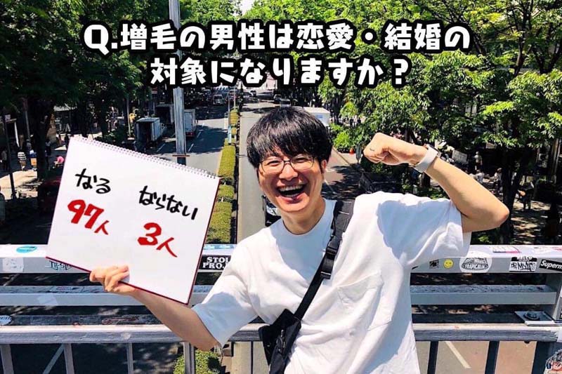 増毛している男性は恋愛・結婚対象になる（97人）・ならない（3人）のフリップ結果を持ってガッツポーズのコクブさん