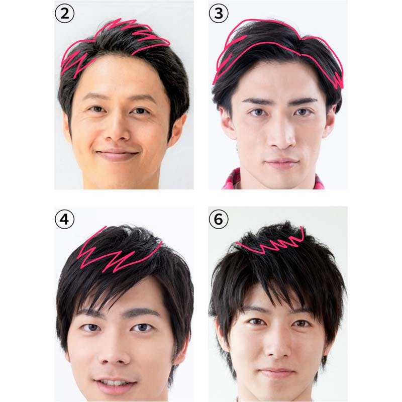 ②と③、④と⑤の髪型のトップ部分比較画像