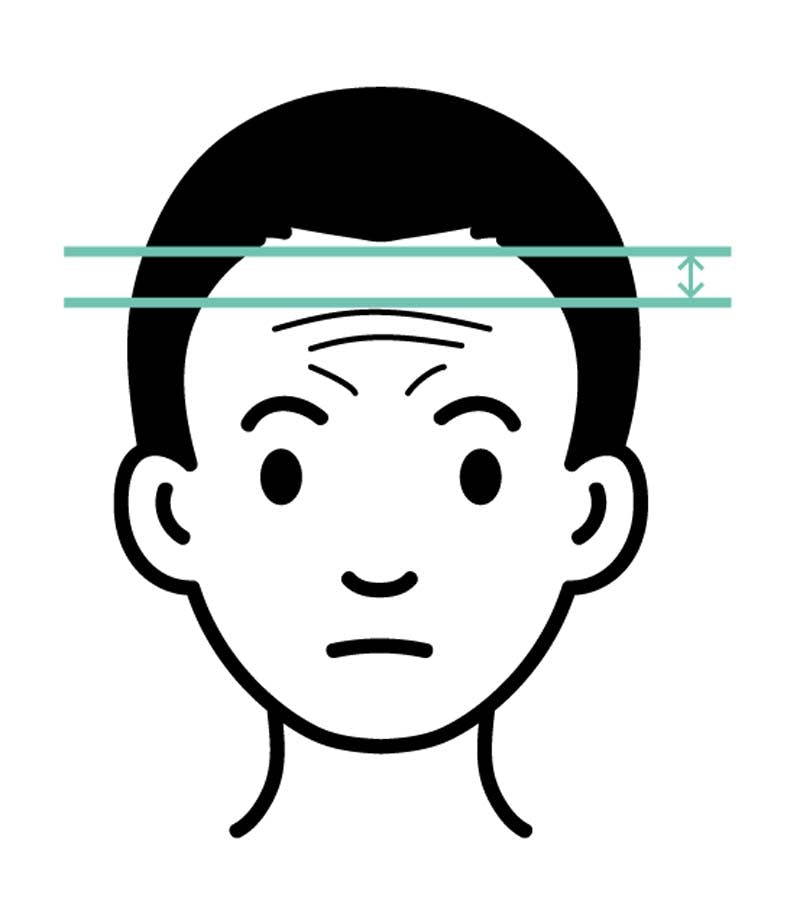 AGAによる薄毛のセルフチェック方法①眉毛を上げて、おでこにできる一番上のシワと前髪の生え際の範囲をチェックするやり方のイメージイラスト
