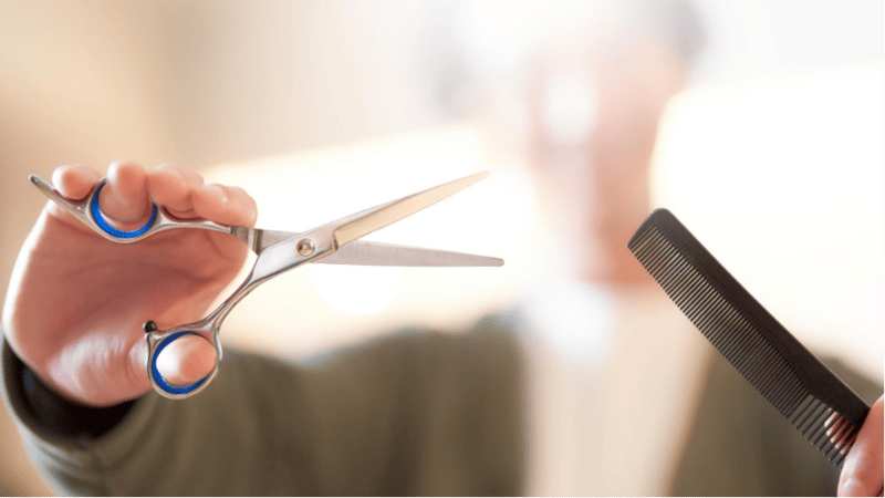 はさみとブラシを持っている人