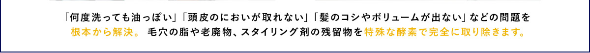 「何度洗っても油っぽい」「頭皮のにおいが取れない」「髪のコシやボリュームが出ない」などの問題を根本から解決。毛穴の脂や老廃物、スタイリング剤の残留物を特殊な酵素で完全に取り除きます。