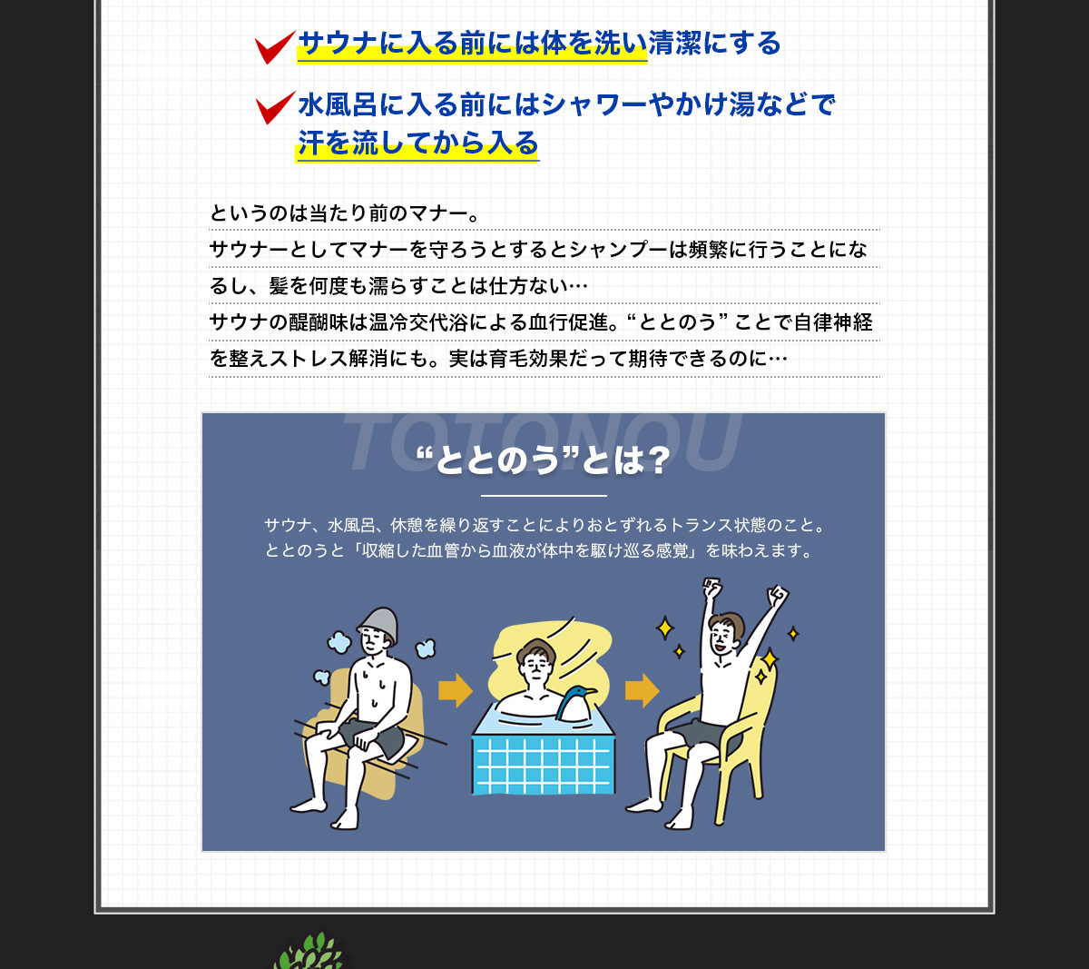 サウナに入る前には体を洗い清潔にする 水風呂に入る前にはシャワーやかけ湯などで汗を流してから入る というのは当たり前のマナー。サウナーとしてマナーを守ろうとするとシャンプーは頻繁に行うことになるし、髪を何度も濡らすことは仕方ない… サウナの醍醐味は温冷交代浴による血行促進。“ととのう”ことで自律神経を整えストレス解消にも。実は育毛効果だって期待できるのに… “ととのう”とは?サウナ、水風呂、休憩を繰り返すことによりおとずれるトランス状態のこと。ととのうと「収縮した血管から血液が体中を駆け巡る感覚」を味わえます。