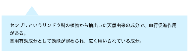 センブリというリンドウ科の植物から抽出した天然由来の成分で、血行促進作用がある。薬用有効成分として効能が認められ、広く用いられている成分。