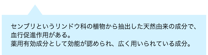 センブリというリンドウ科の植物から抽出した天然由来の成分で、血行促進作用がある。薬用有効成分として効能が認められ、広く用いられている成分。