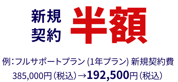 新規契約 半額 例：フルサポートプラン (1年プラン) 新規契約費385,000円（税込）→192,500円（税込）