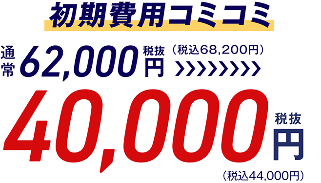 初期費用コミコミ！通常62,000円（税抜）（税込68,200円）→40,000円（税抜）（税込44,000円）